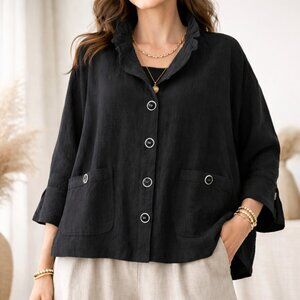 NWOT Habitat Pucker Weave Swing Jacket Black Ruched Wire Collar | M | Lagenlook